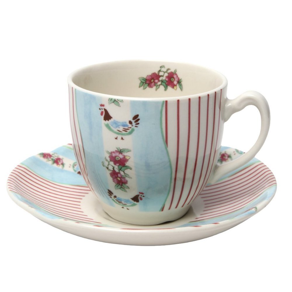 Johnson Brothers England Tea Cup Saucer Farmhouse Chic Silky Stripe Rooster Blue
